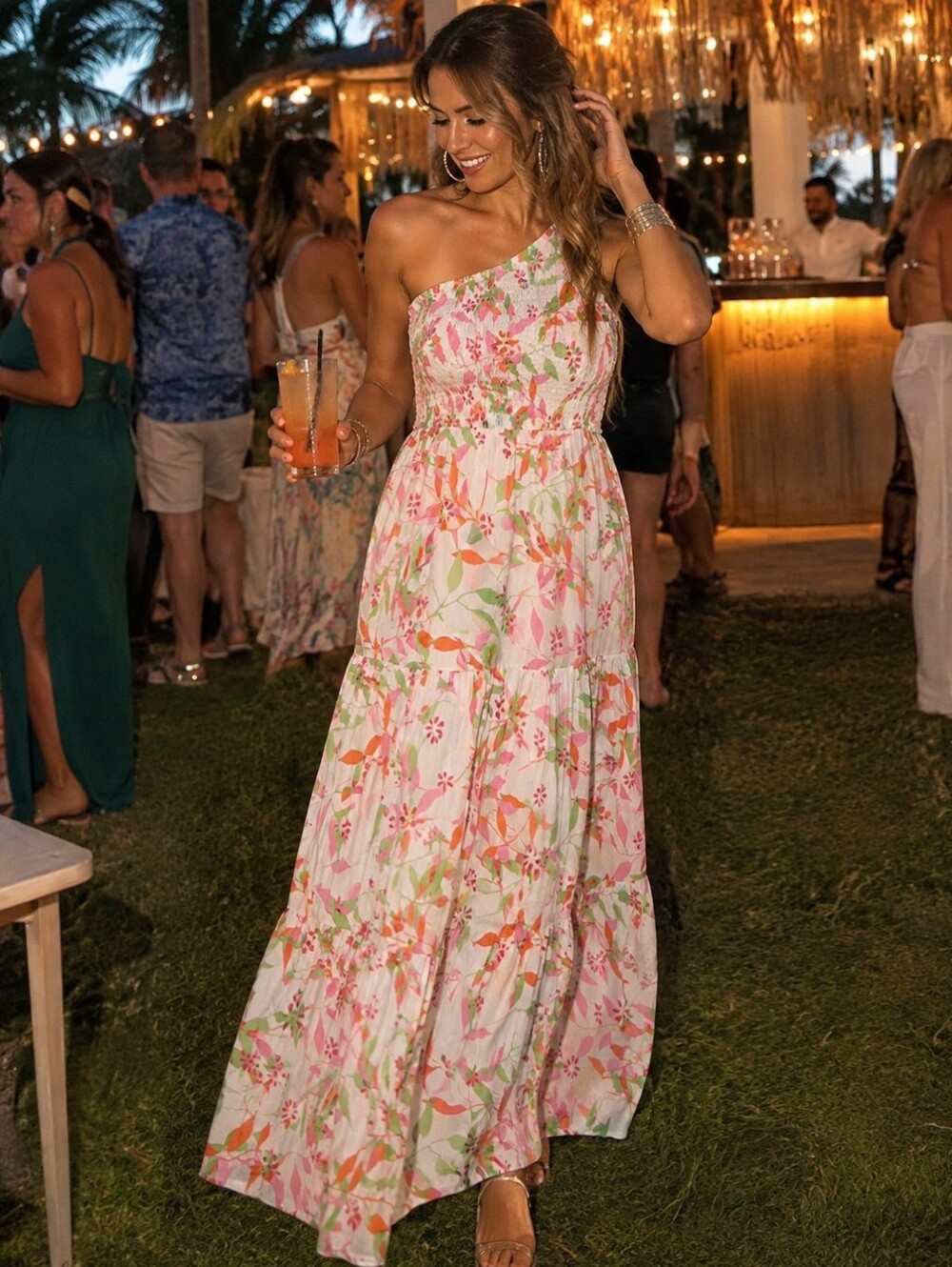 🌺 Zesica Floral One Shoulder Smocked Tiered Maxi Dress Size S